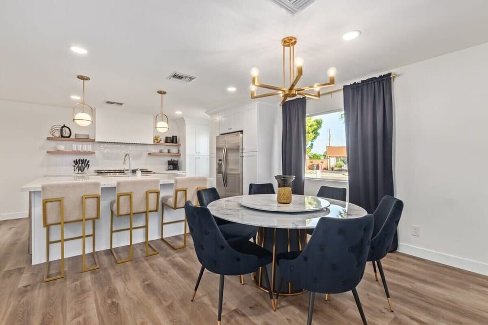 The kitchen and dining area have plenty of space for large groups. The poker table in the casino room also has a table top if you need additional dining space.