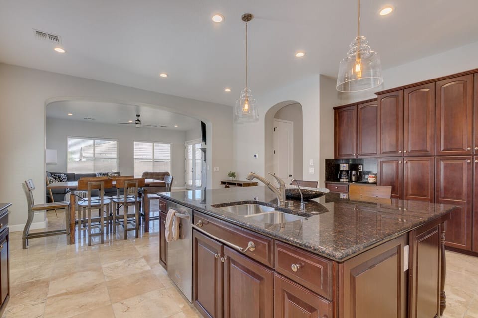 Kitchen with gas stove, double ovens, fully stocked with essentials