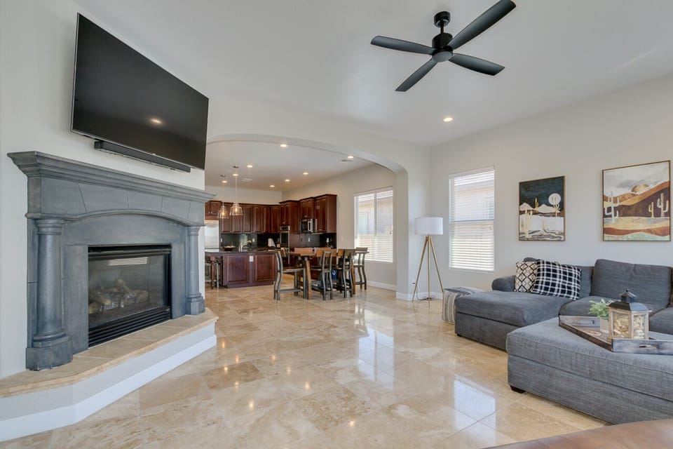 Living room with sectional sofa and oversized leather chair