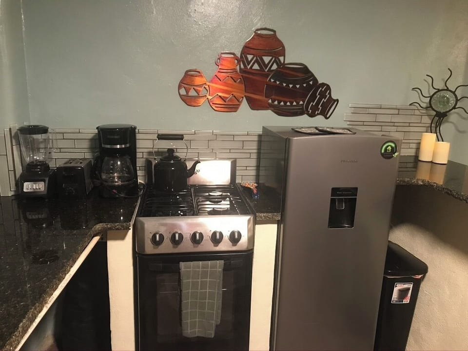 gas stove inside, BBQ outside,
Full refrigerator medium size.
