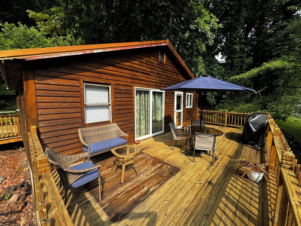 View of the back deck area of this cabin this is the side facing river.