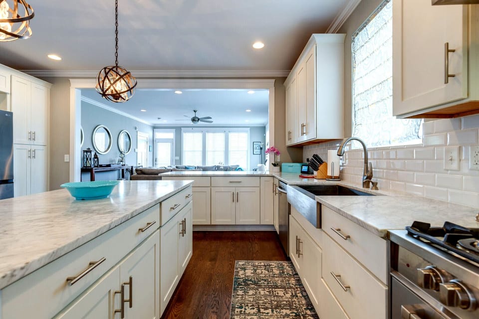 Fully equipped kitchen with lots of counter space and cookware.