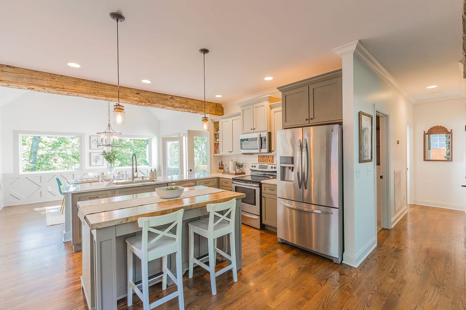 Kitchen just off of living room works well while socializing
