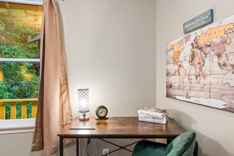 Both levels have a desk and comfortable chair so you can get work done before or after play. Be sure to mark your spot on the map with the pins provided in the pocket, and drop us a note in the guest book!