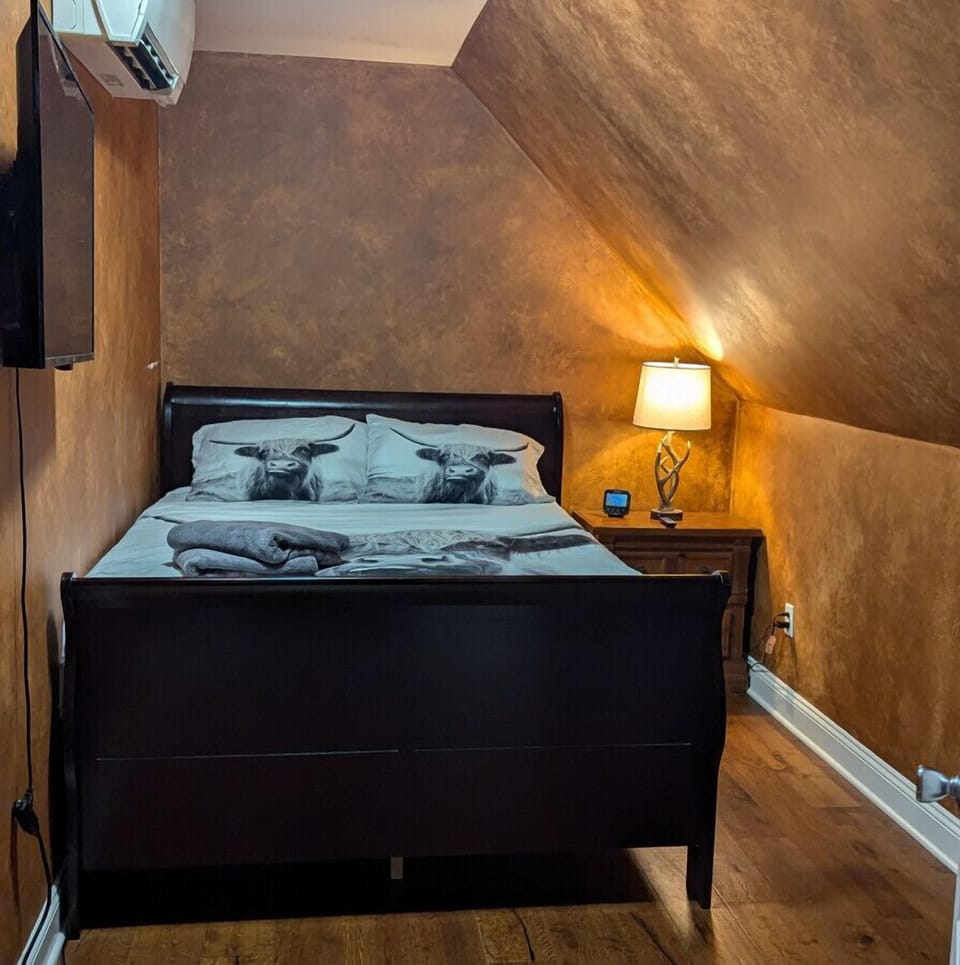 2nd Bedroom on the 3rd floor with queen bed, large smart TV, and mini split for heat and air to make the temp whatever is the most comfy for you