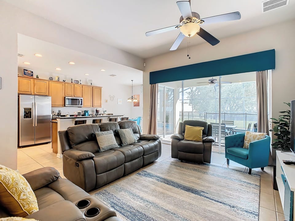 The large living area flows nicely from the dining room to the kitchen