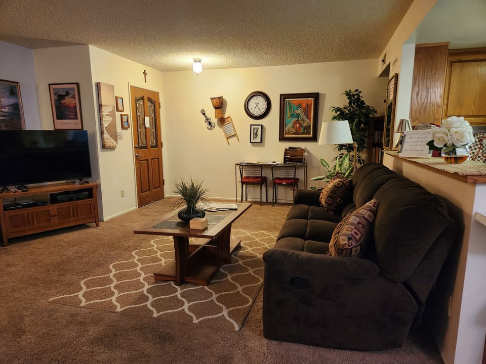 Entrance. Couch and 50” TV / DVD player