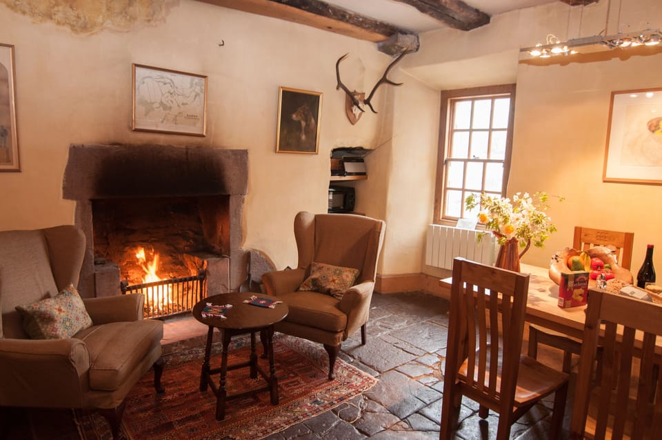 Flagstone floor kitchen with real fire.