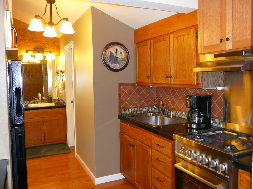 full kitchen - fridge, stove, oven, sink, dishes, everything for preparing meals