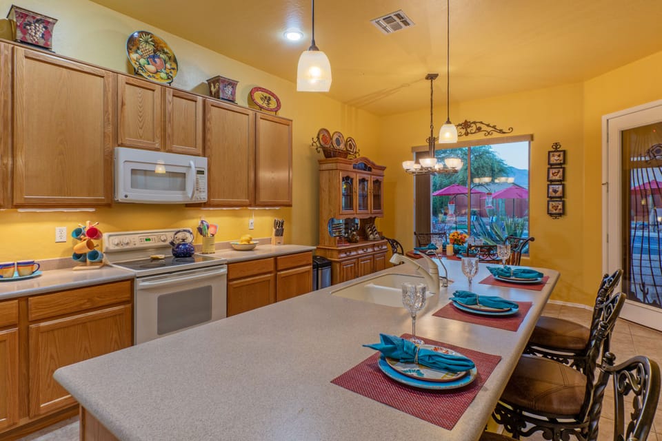 Island seating is great for quick meals on the run or take out from nearby eateries.
