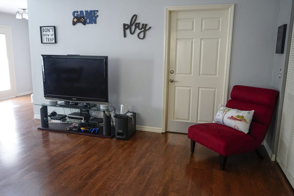 Vintage gaming systems, sound system and Nintendo Wii for game night