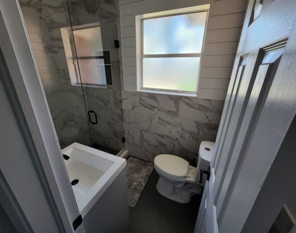 Newly remodeled bathroom with shower

