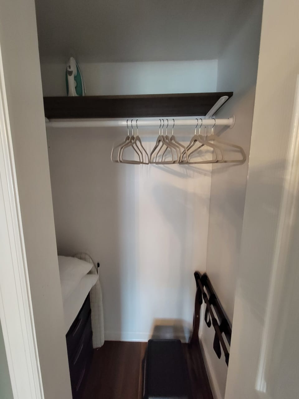 Closet with extra pillows, towels, sheets, ironing board, iron, and luggage rack