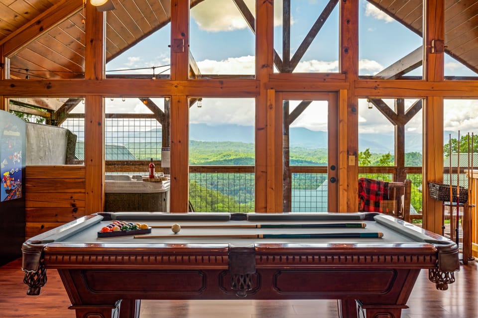 Pool table with a beautiful Mountain View