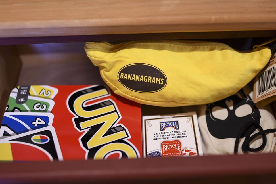 Games for those rainy days!  Monopoly, Bannangrams, Jenga, Uno, cards