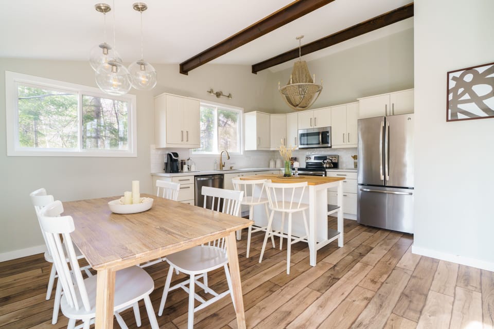 The dining area and kitchen.
