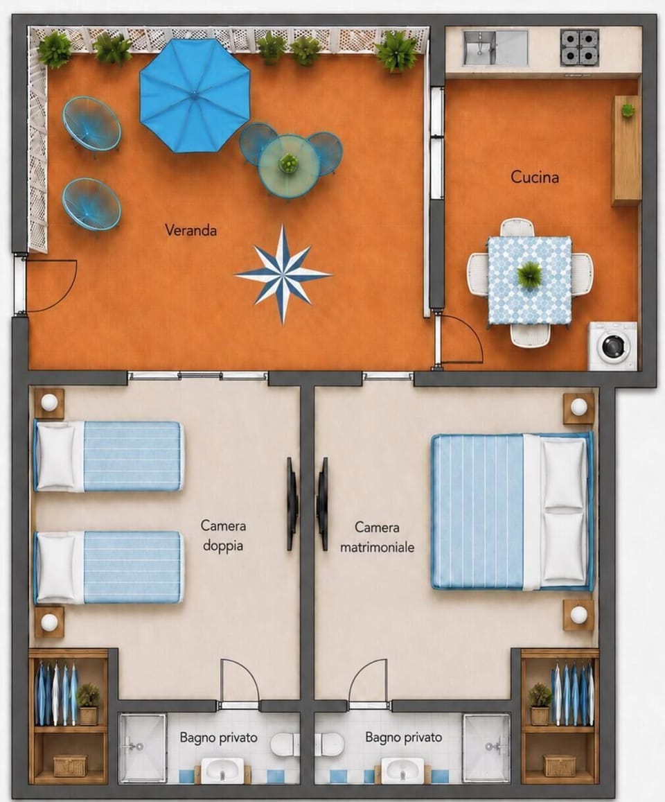 2-bedroom home with 2 private baths and a spacious furnished veranda