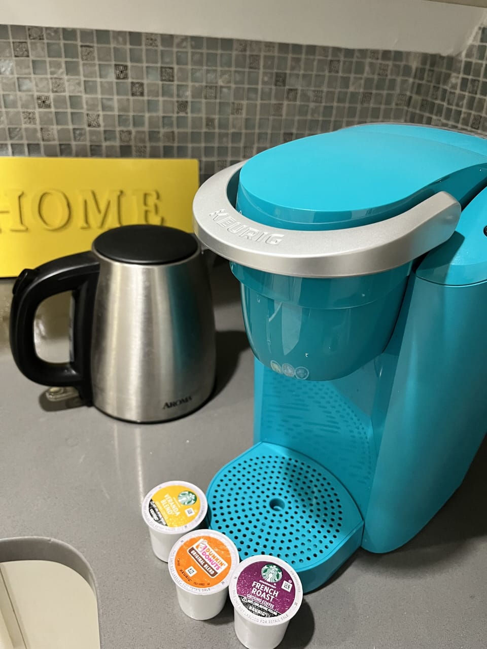 Keurig coffee maker, single serve with k-cups. Electric kettle too.