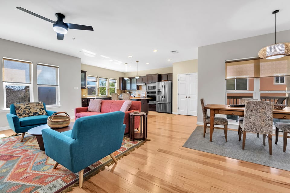 Open concept living, dining and kitchen.