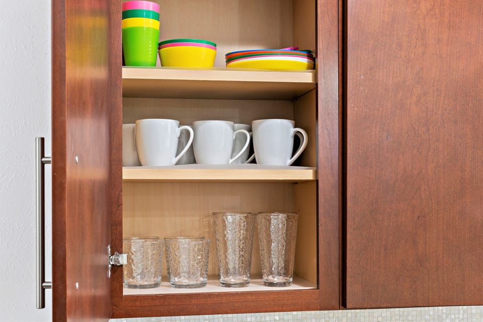 Kid's utensils and dinnerware, coffee cup and drinking glasses