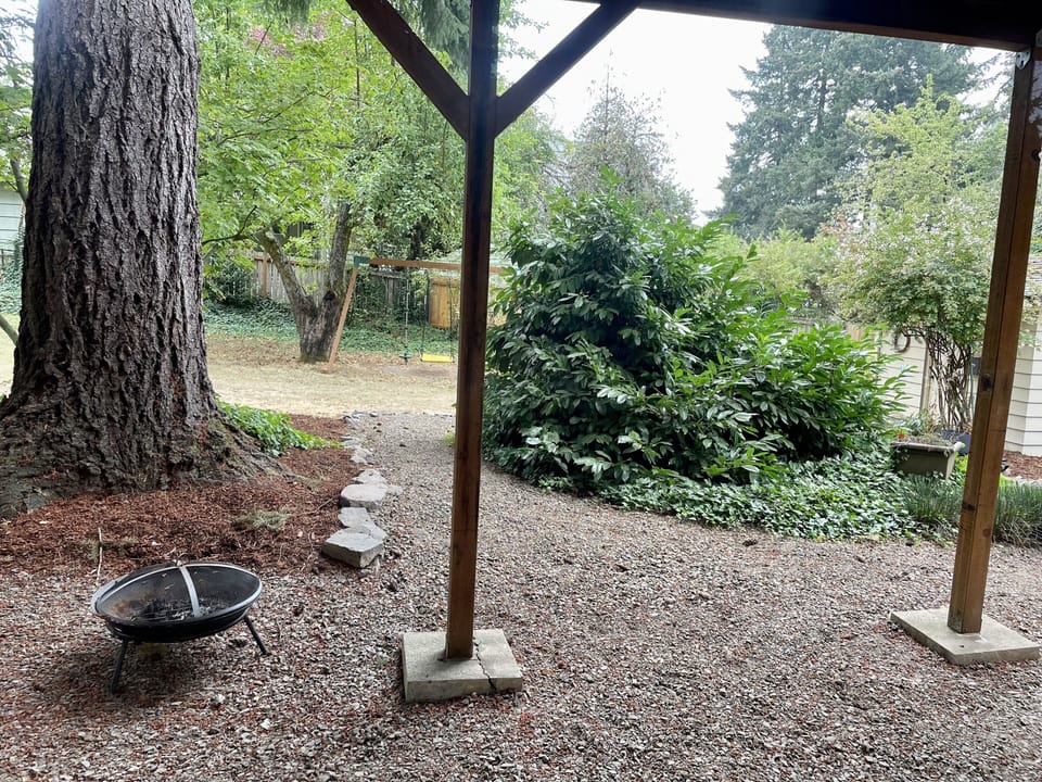 View into the yard from the living room sliding door.
