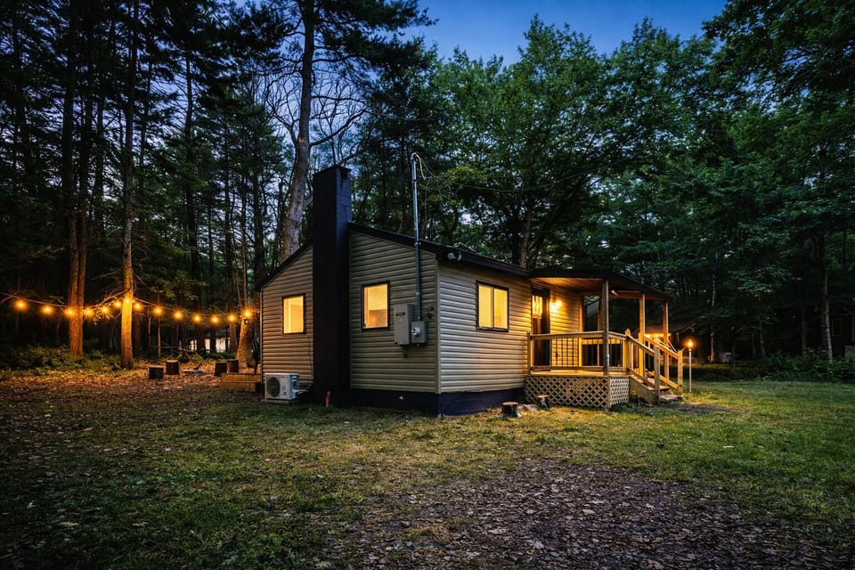 Tucked in the woods with a cozy deck and warm evening lighting — perfect for relaxing, peaceful evenings