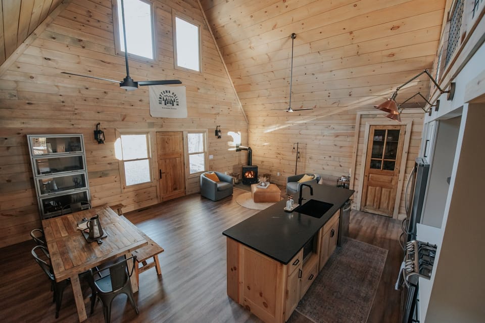 Open floor plan kitchen, fireplace, dining room
