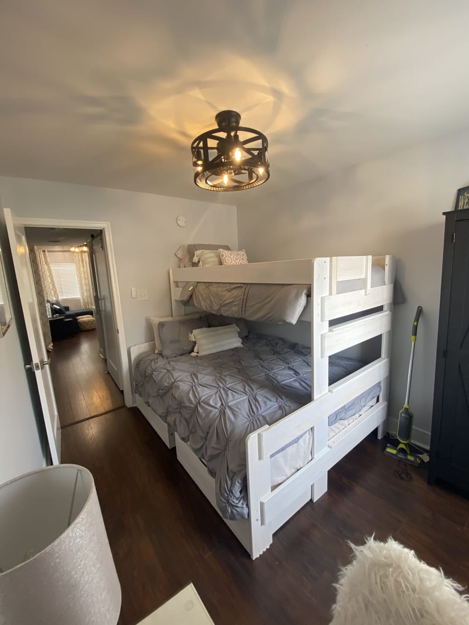 Another view of the sleeping arrangement. The ceiling light is also a fan. 