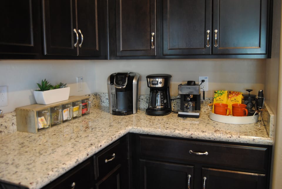 Full coffee bar and a large selection of tea.