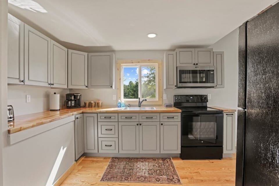 The kitchen features an electric range, microwave and fridge