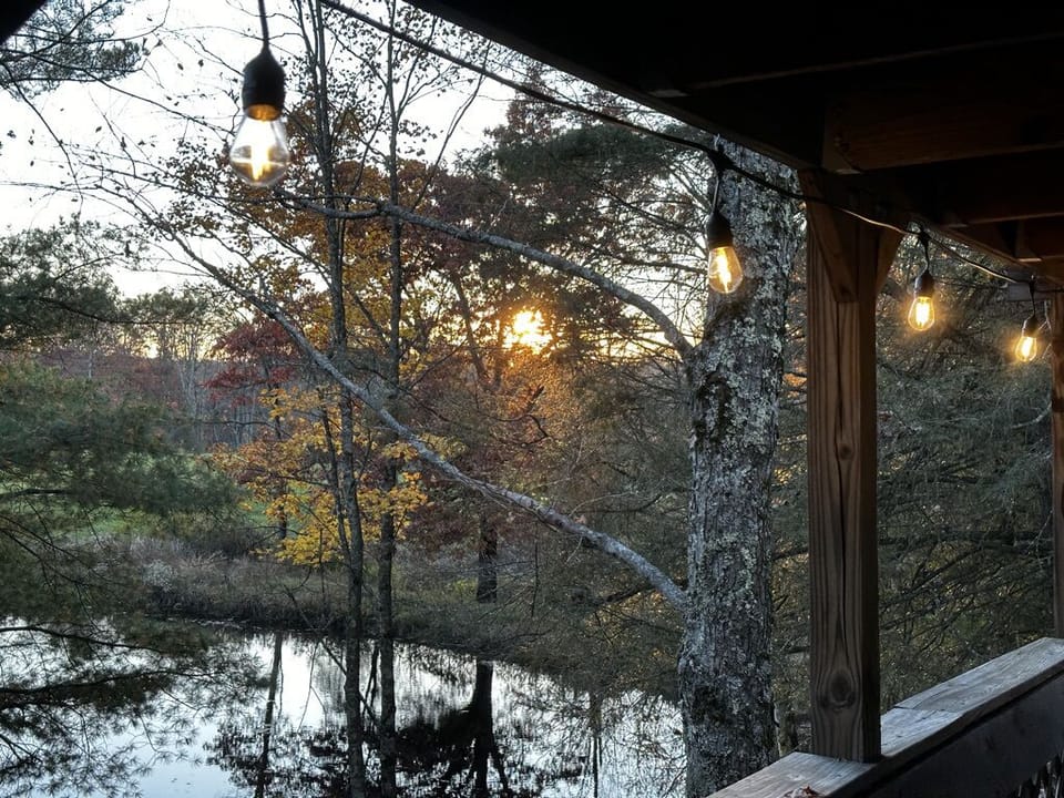 Amazing view from large covered back porch with furniture and grill. 