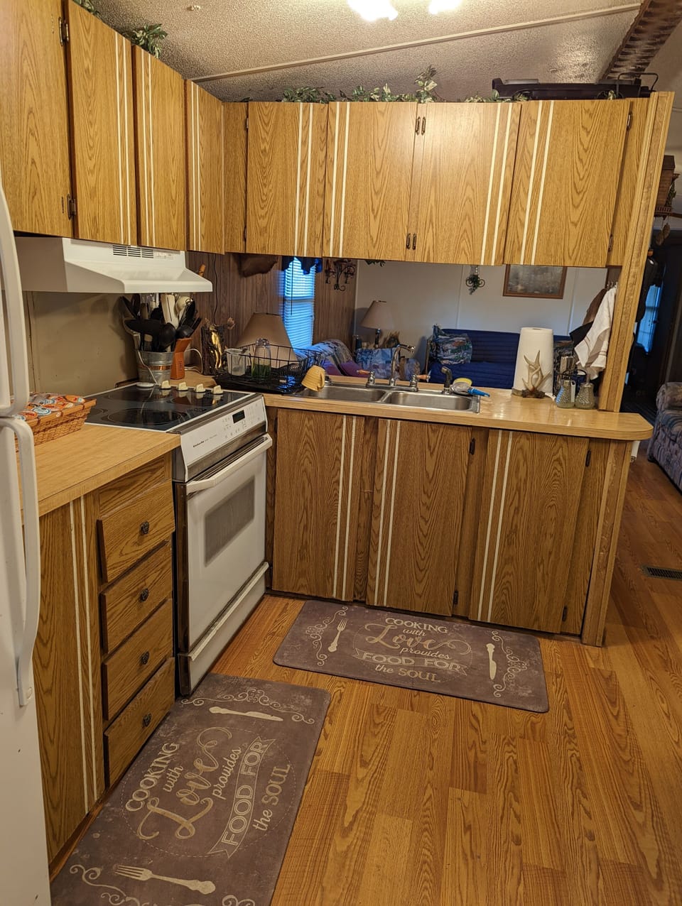 Kitchen has microwave, toaster oven, toaster, pots pans, griddle, and more.