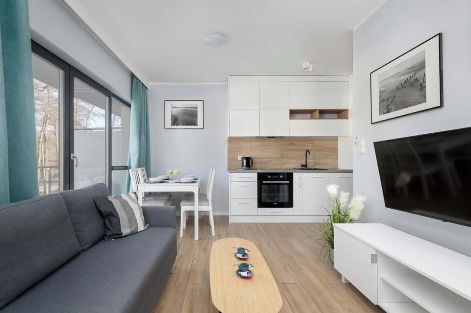 A living room corner with a gray couch and a TV positioned across from it. The space is compact but well-arranged. Light colors make it feel airy.