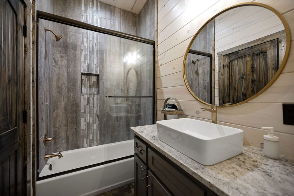 Bathroom with tub/shower.