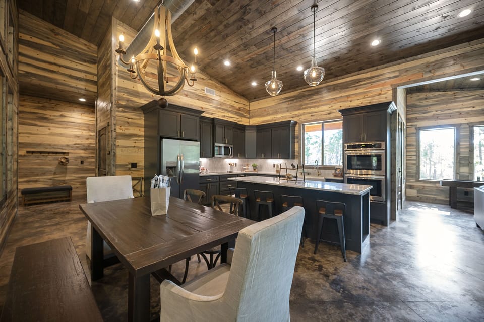 The dining area and kitchen.