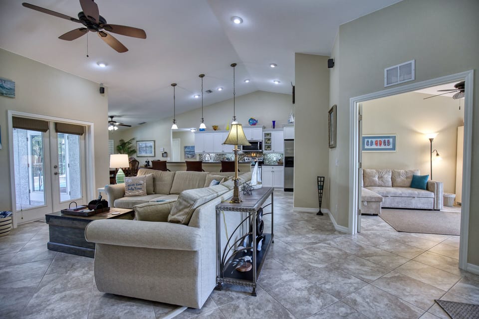 On angle tile and ceiling fans throughout home. 