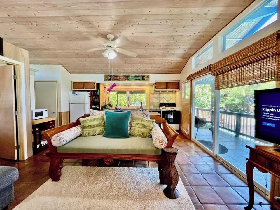 Living room area with tropical decor.