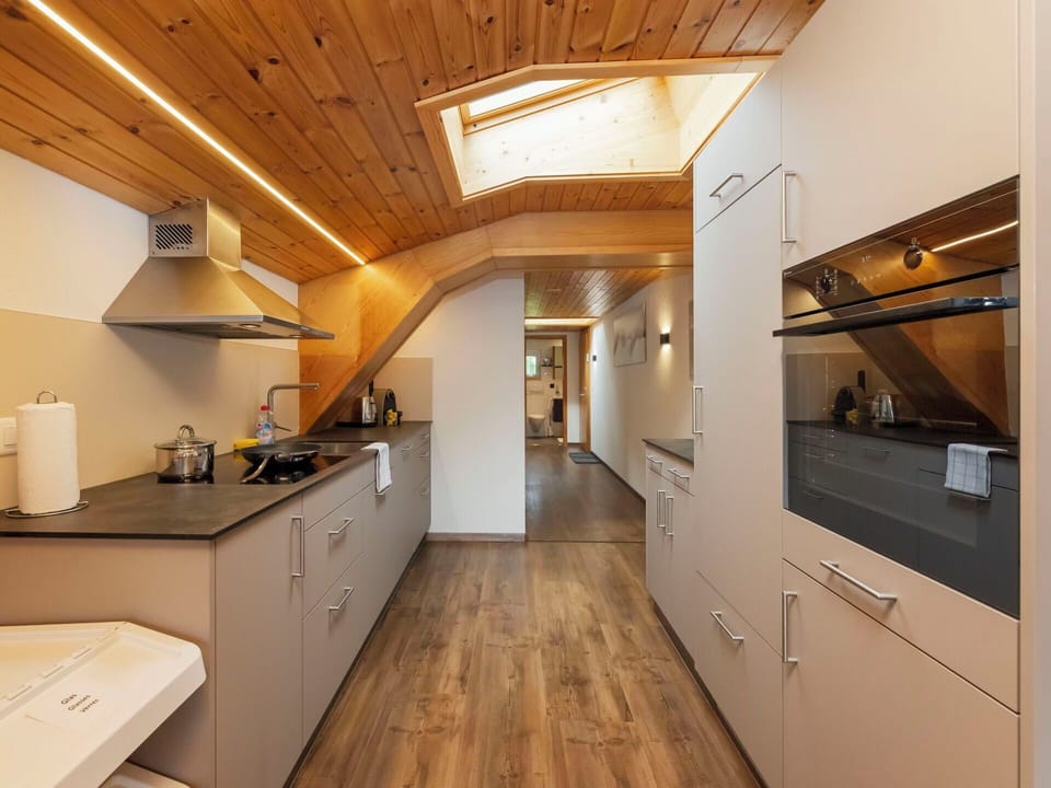 Kitchen, Countertop, Interior Design, Flooring, Kitchen Appliance, Wood, Ceiling, Floor, Major Appliance, Cabinetry