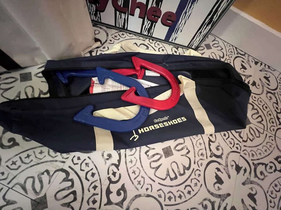 Horseshoes game for outside. 