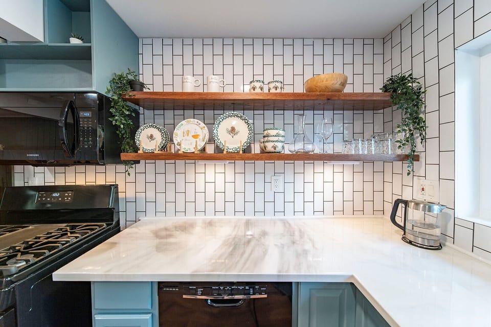 Floating shelves with underlit motion sensor light. 