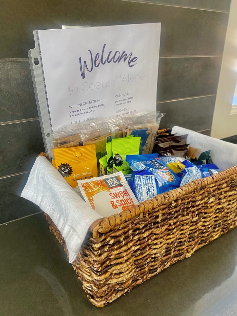 treats, bottled water, K cups, condiments, shampoo and conditioner and body wash