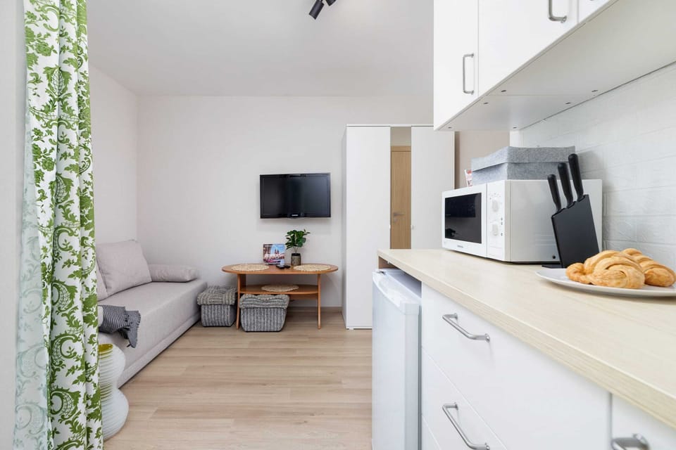 The elegant living area featuring a double sofa bed, perfect for relaxing or sleeping.