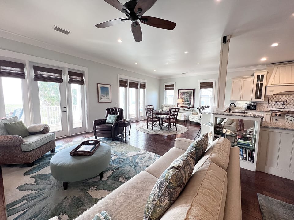 Living room, kitchen dining, reading nook.