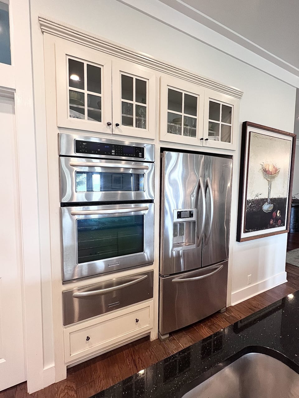 Convection microwave and oven, warming drawer. French door refrigerator.
