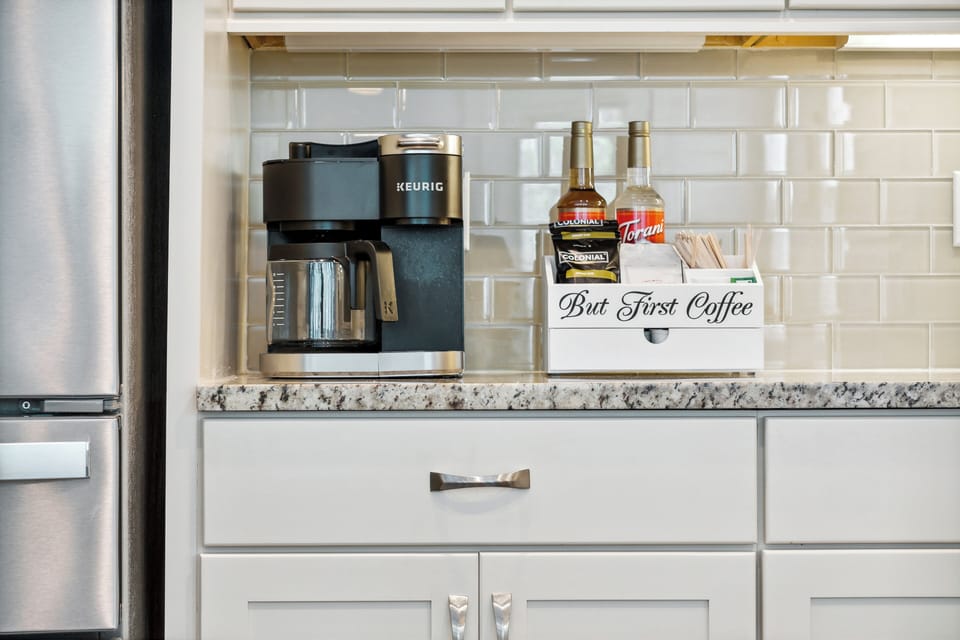 Coffee station! Both drip and K-cup. We provide starter supplies