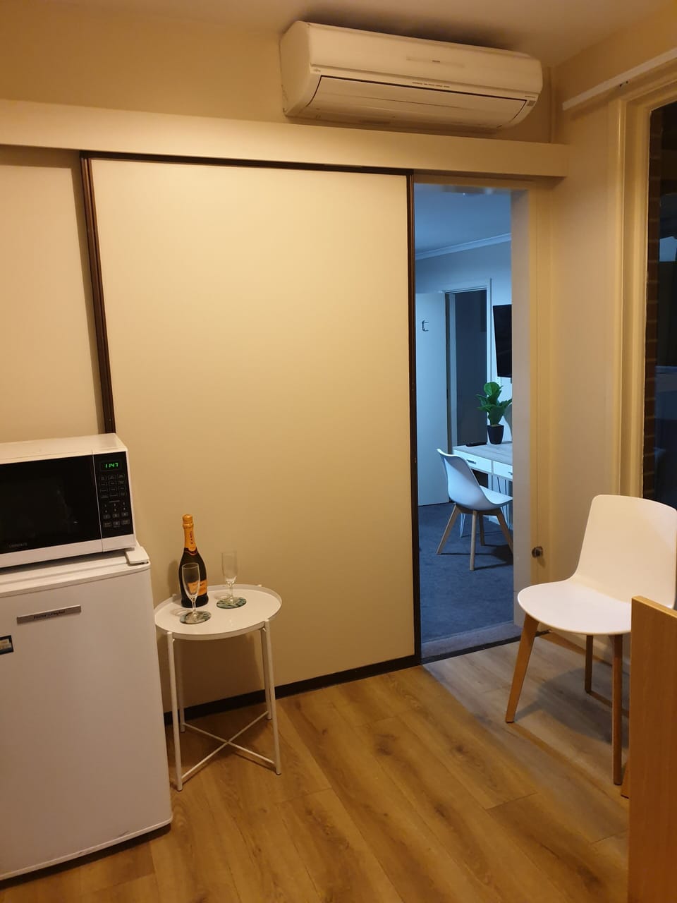 Looking in from kitchenette to private studio room