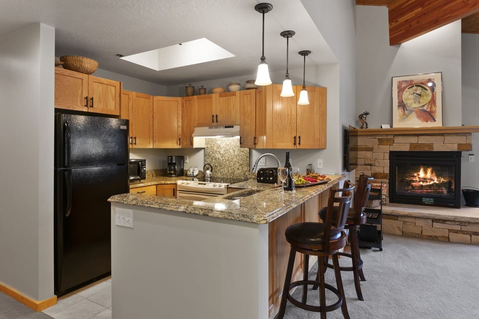 Indoors, Fireplace, Refrigerator, Kitchen, Microwave
