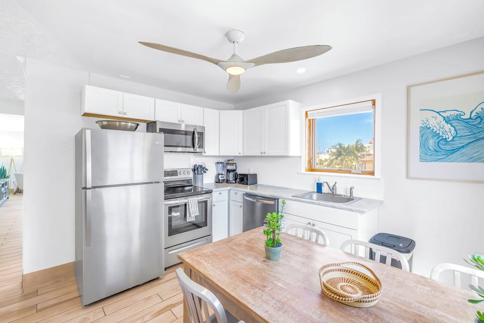 Plenty of counter space with dining area.