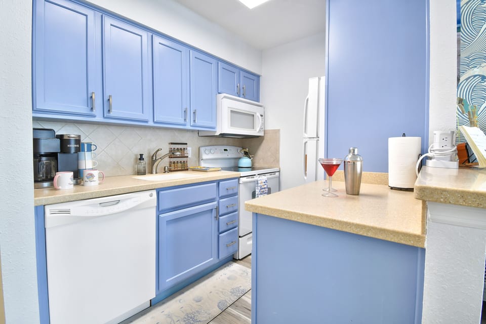 The kitchen has a dishwasher and coffee pot. We also supply plenty of outlets for all your devices.