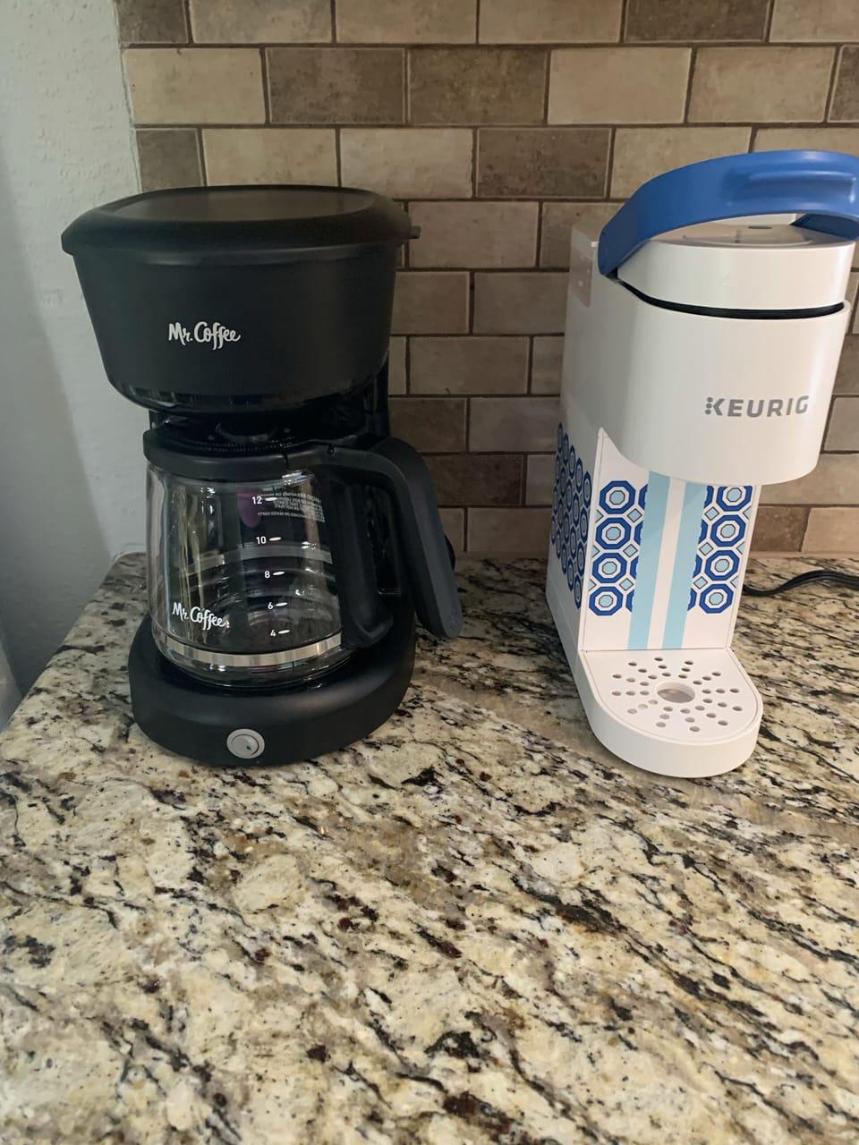 Slow drip coffee maker and Keurig with complimentary K-cups.